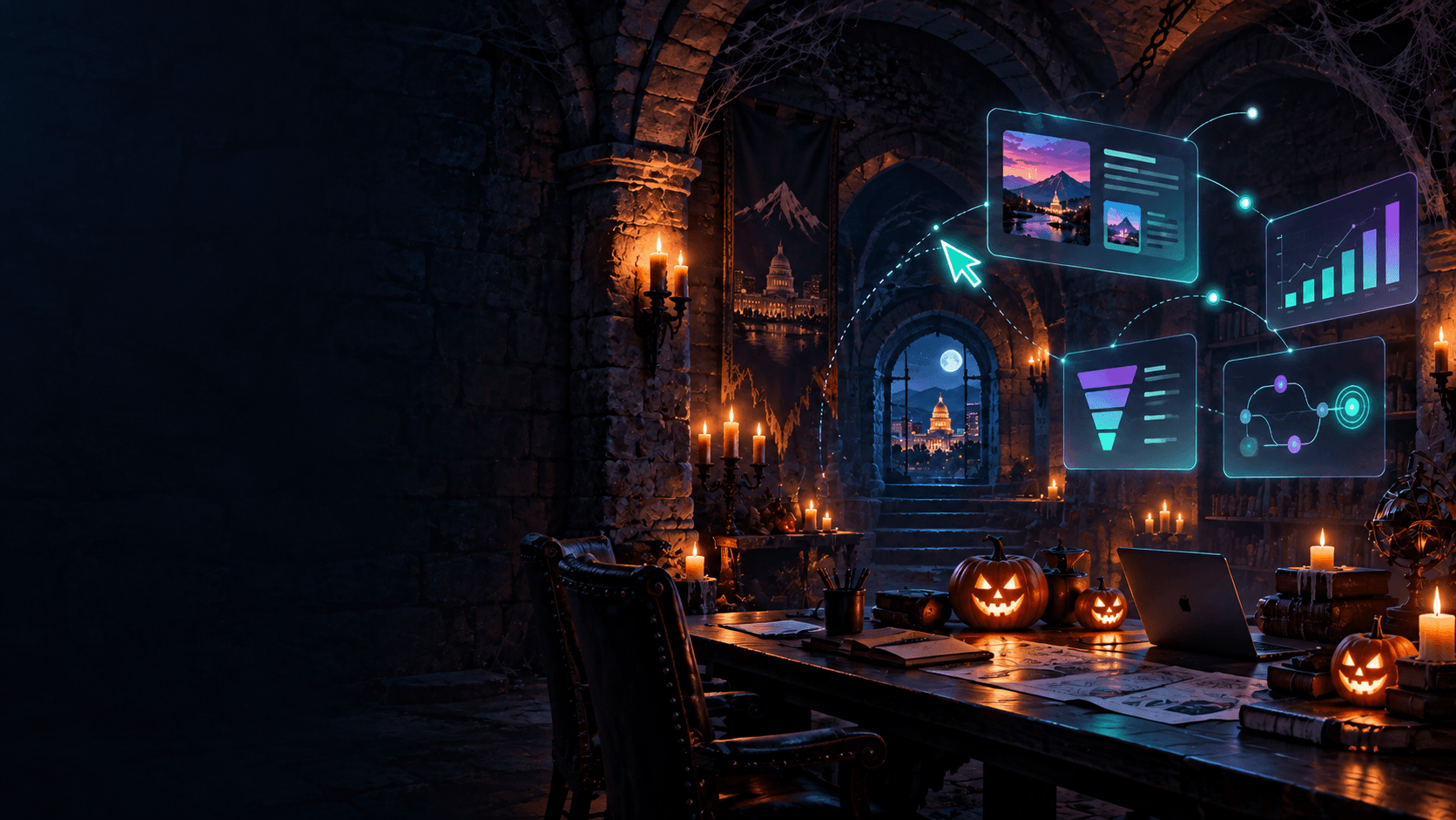 A Halloween dungeon marketing strategy room with Boise visible through a stone arch